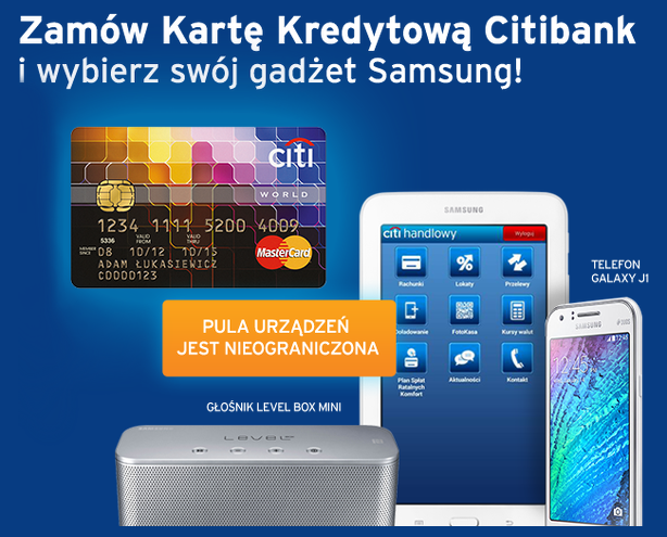 tablet głośnik lub telefon Samsung z Kartą Kredytową Citibank MasterCard World